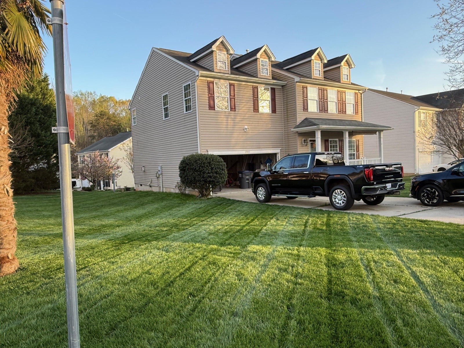 After renovation: the same front lawn — dense, deep-green, freshly striped turf